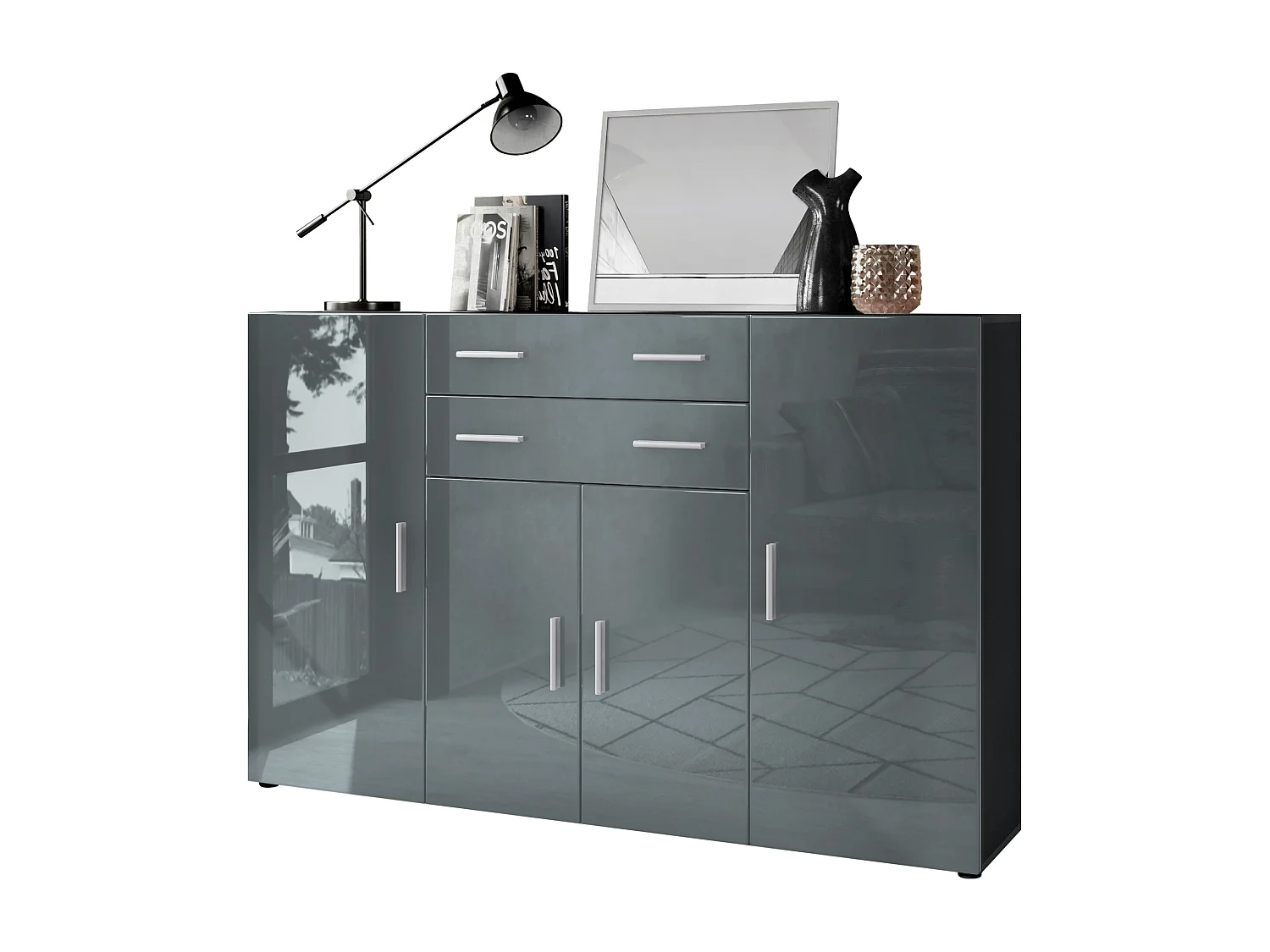 Highboard Aron Sideboard with 2 drawers and 4 doors with a total of 8 compartments behind, antracite opaco /grigio lucido (166.5 x 106.5 x 35 cm)