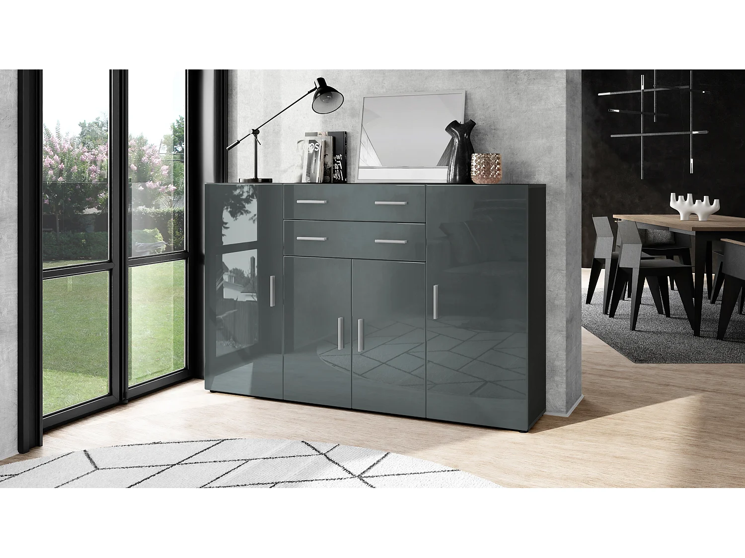 Highboard Aron Sideboard with 2 drawers and 4 doors with a total of 8 compartments behind, antracite opaco /grigio lucido (166.5 x 106.5 x 35 cm)