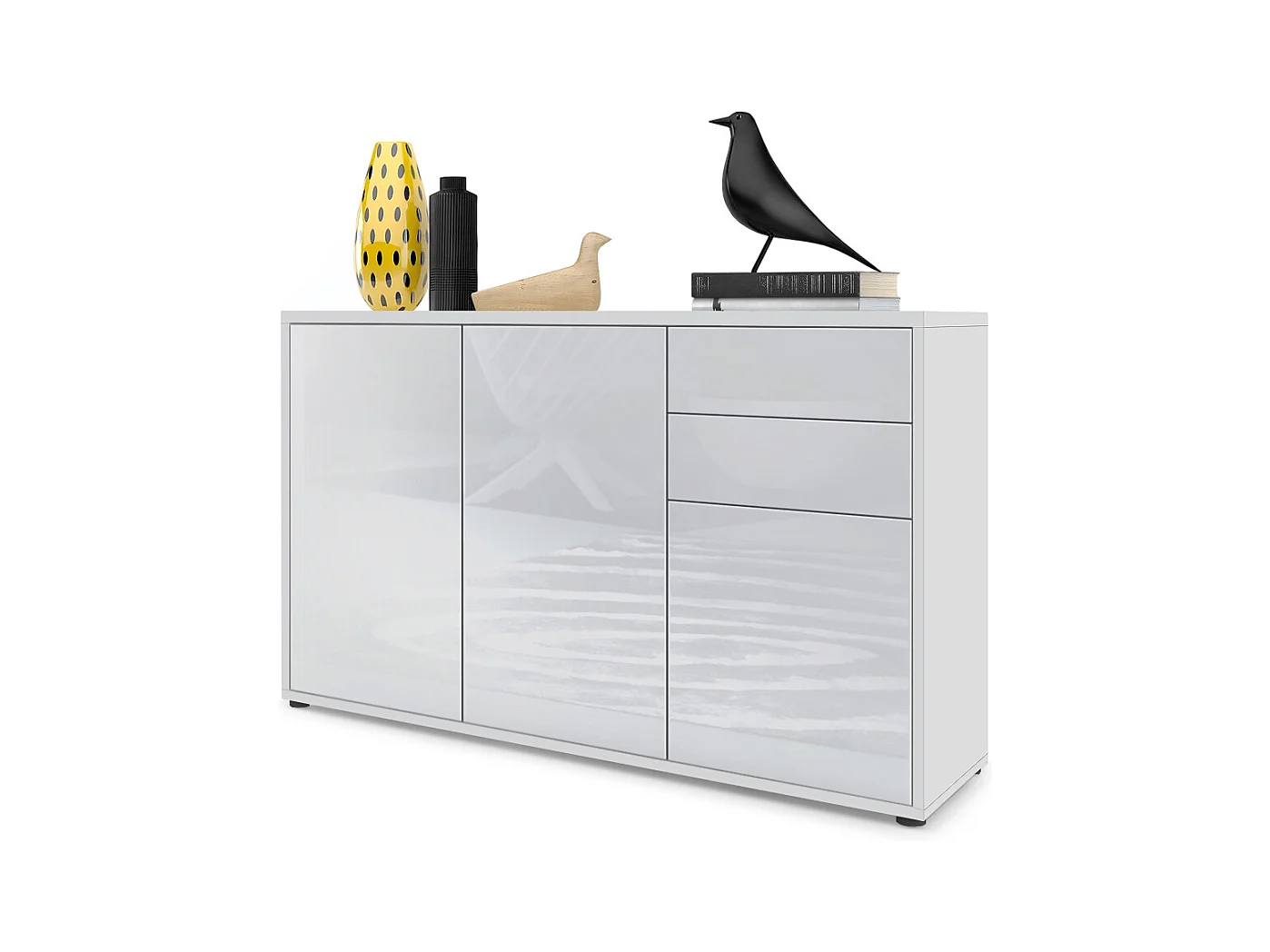 Buffet Ben V3, Commode avec 3 portes et 2 tiroirs, Blanc mat/Blanc haute brillance (117 x 74 x 36 cm)