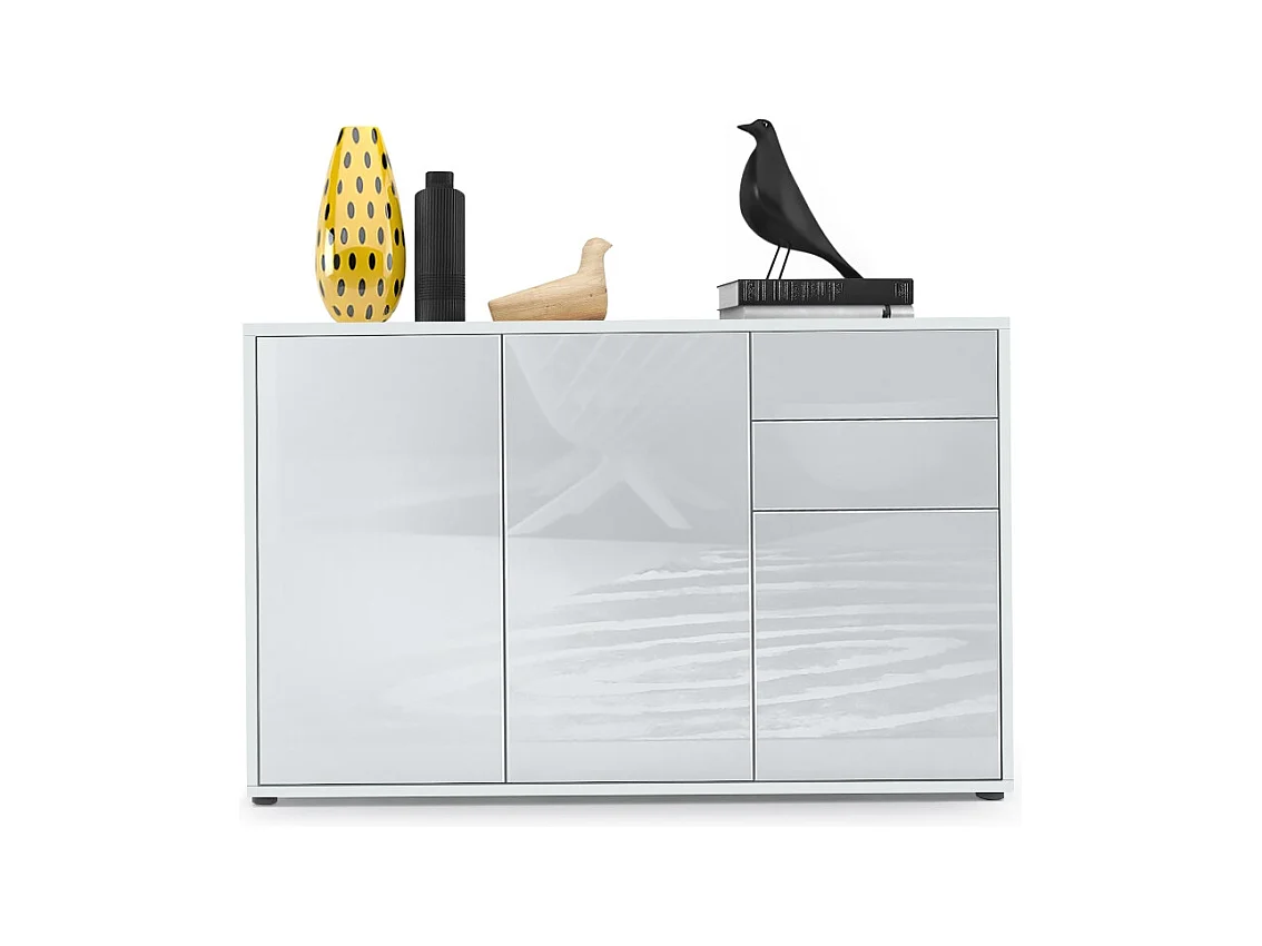 Buffet Ben V3, Commode avec 3 portes et 2 tiroirs, Blanc mat/Blanc haute brillance (117 x 74 x 36 cm)