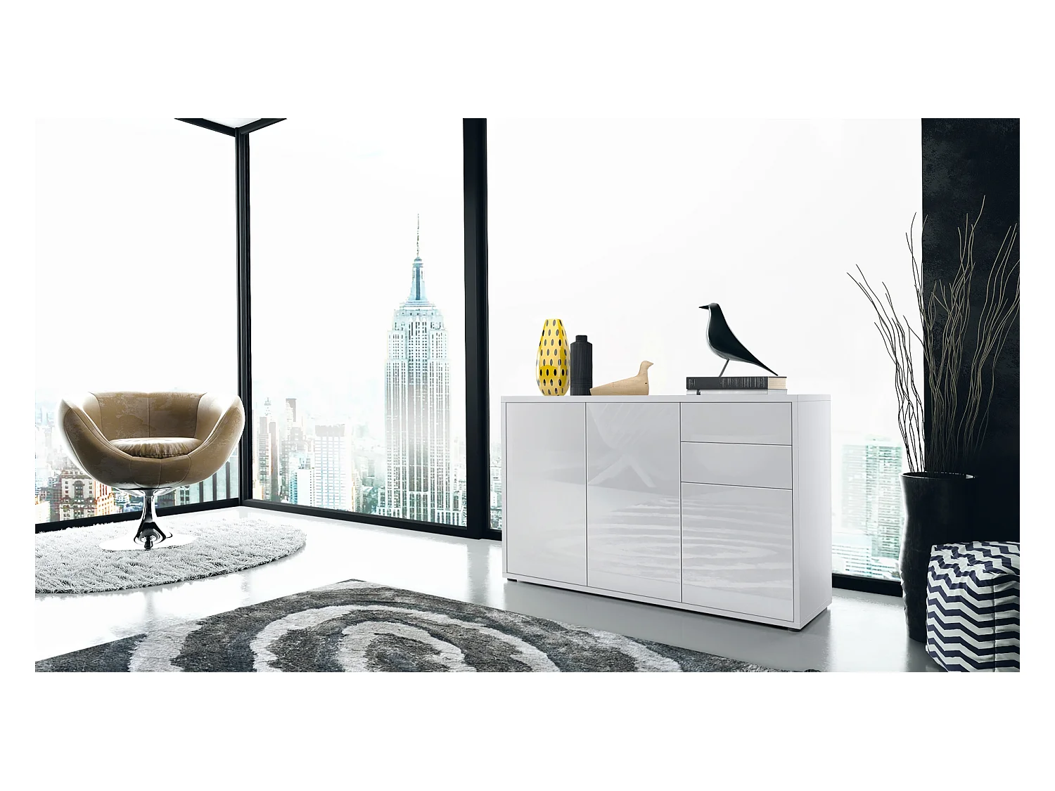 Buffet Ben V3, Commode avec 3 portes et 2 tiroirs, Blanc mat/Blanc haute brillance (117 x 74 x 36 cm)