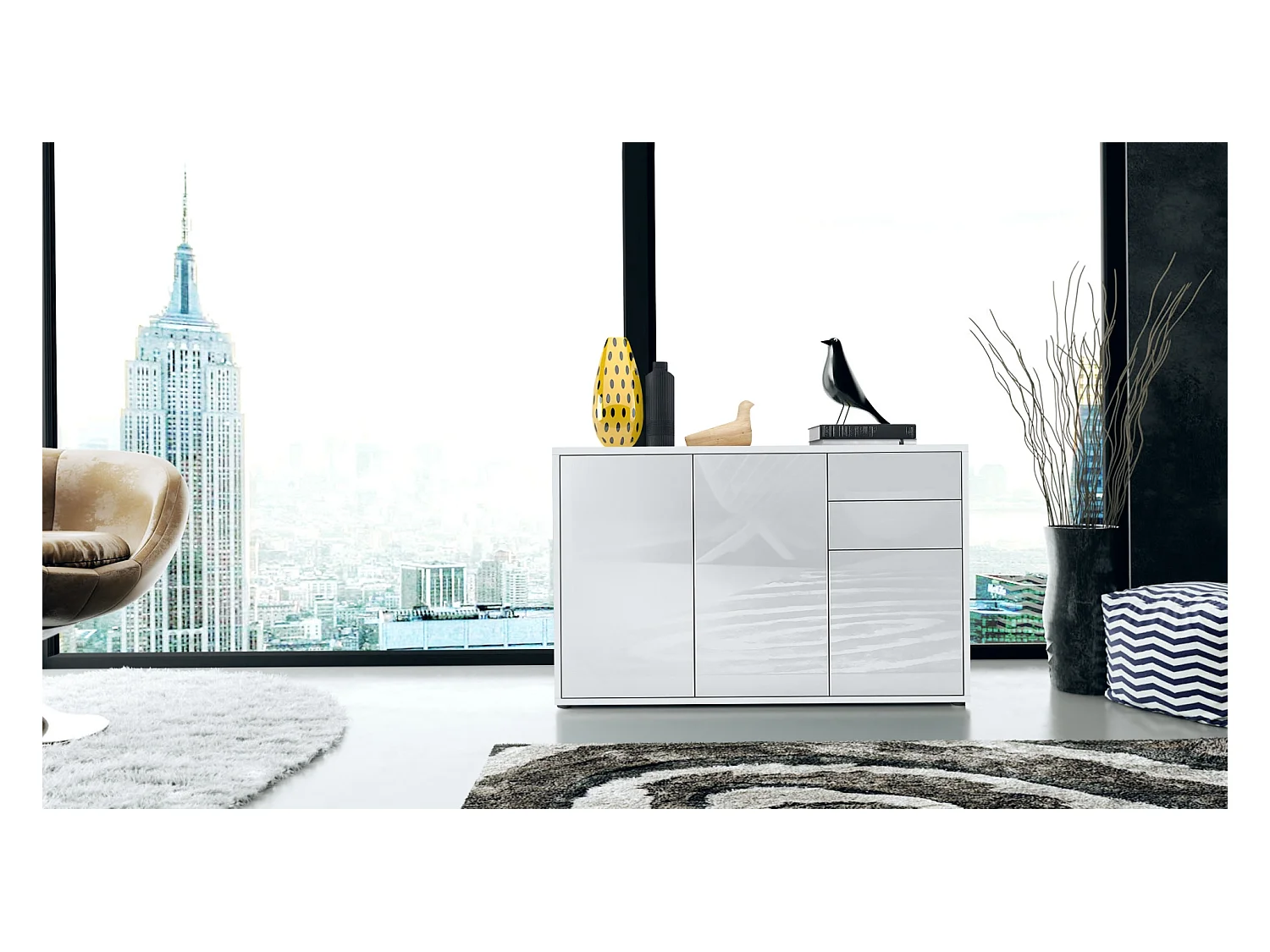 Buffet Ben V3, Commode avec 3 portes et 2 tiroirs, Blanc mat/Blanc haute brillance (117 x 74 x 36 cm)