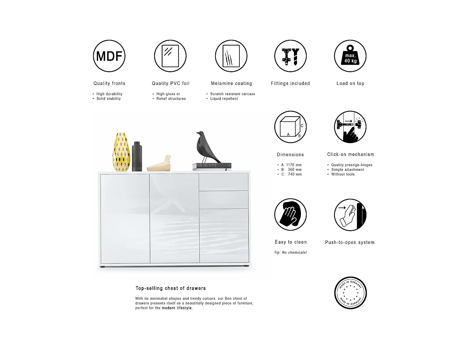 Buffet Ben V3, Commode avec 3 portes et 2 tiroirs, Blanc mat/Blanc haute brillance (117 x 74 x 36 cm)