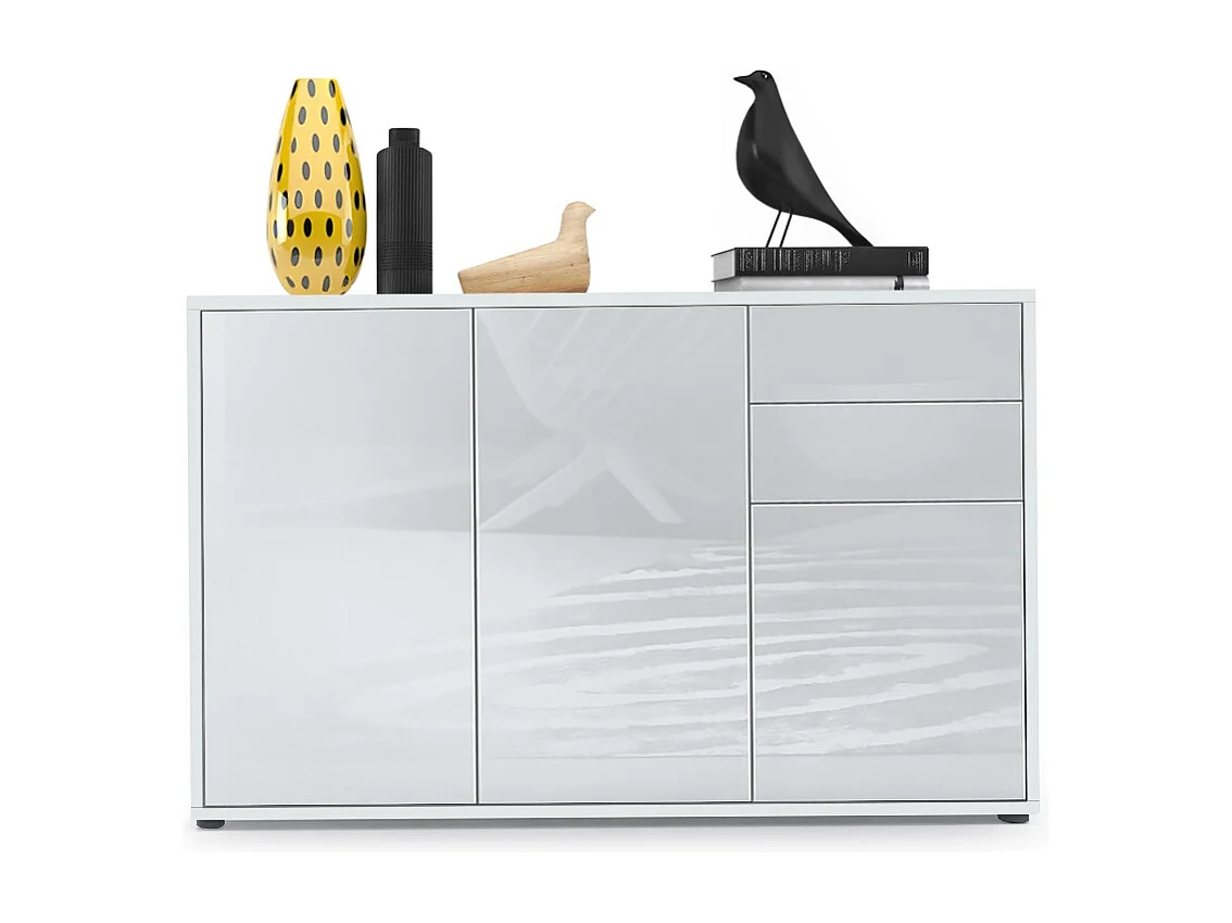 Buffet Ben V3, Commode avec 3 portes et 2 tiroirs, Blanc mat/Blanc haute brillance (117 x 74 x 36 cm)
