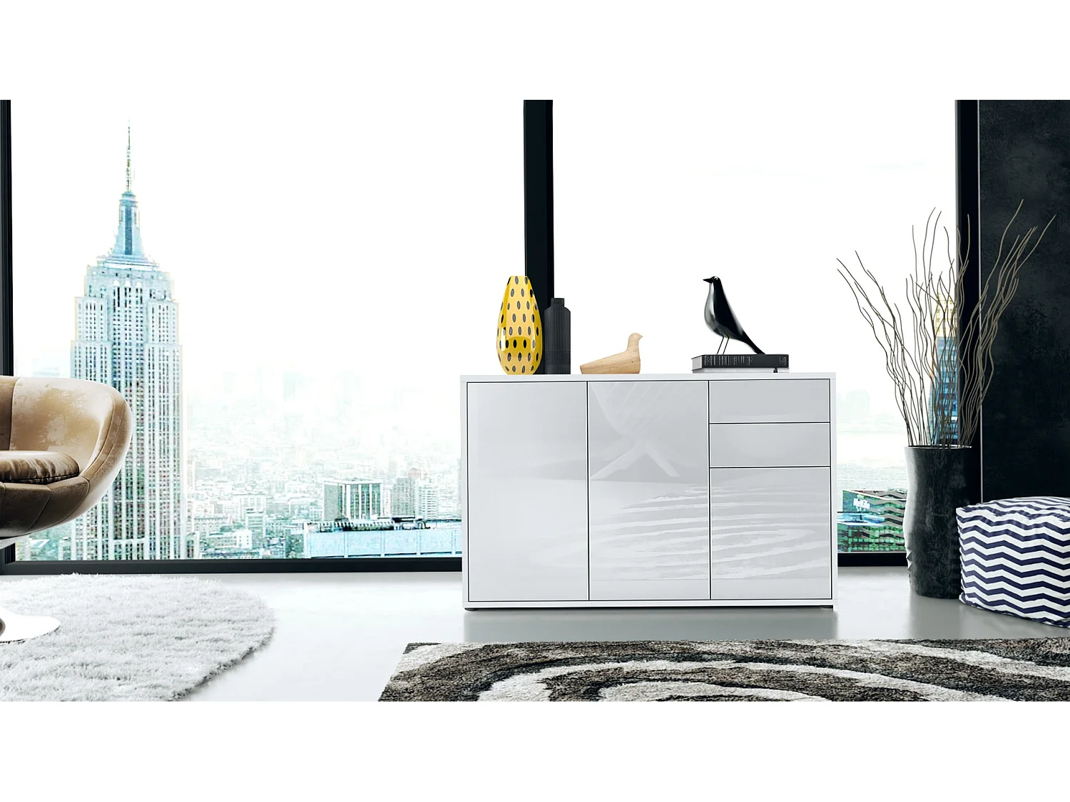 Buffet Ben V3, Commode avec 3 portes et 2 tiroirs, Blanc mat/Blanc haute brillance (117 x 74 x 36 cm)