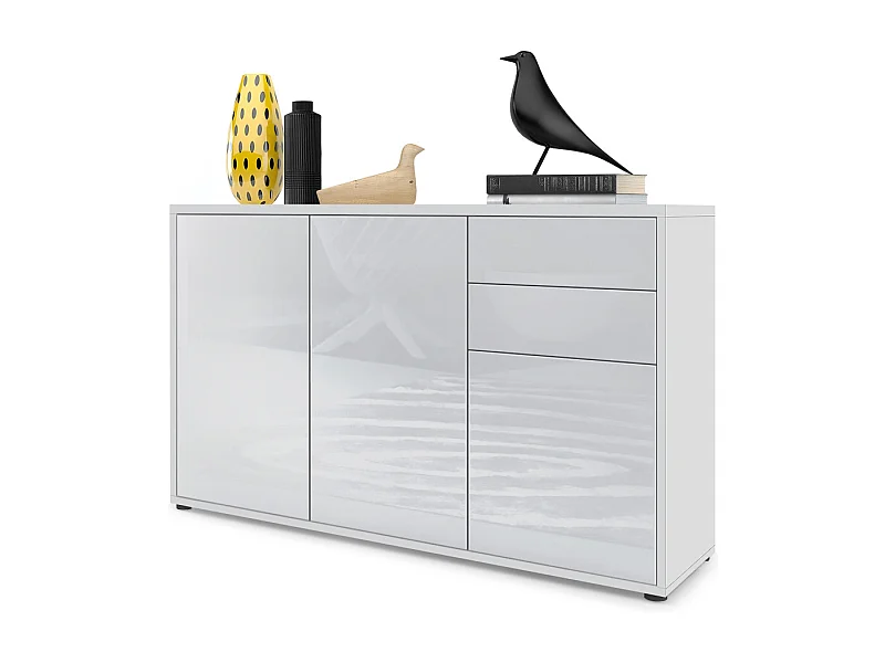 Buffet Ben V3, Commode avec 3 portes et 2 tiroirs, Blanc mat/Blanc haute brillance (117 x 74 x 36 cm)