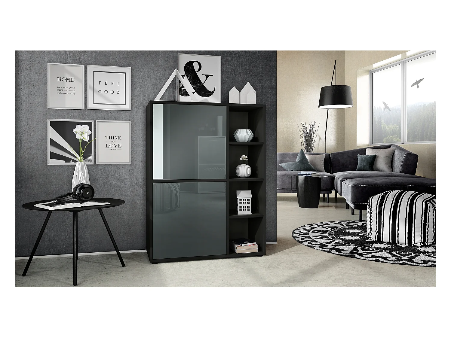 Buffet haut Cuba avec 8 compartiments, caisson en noir mat / Façades en Gris laqué haute brillance