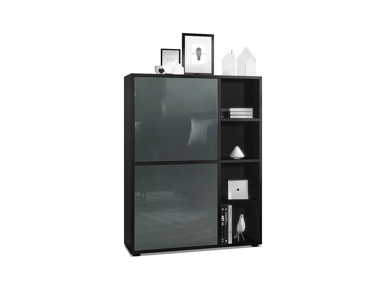 Buffet haut Cuba avec 8 compartiments, caisson en noir mat / Façades en Gris laqué haute brillance