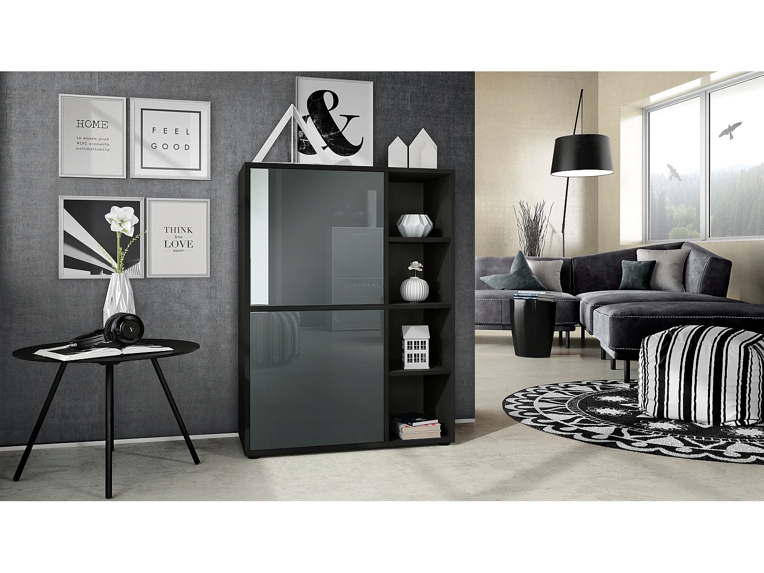 Credenza  Cuba 79 x 105,5 x 35,5 cm Credenza con 8 ripiani, Struttura in nero opaco / Ante in grigio lucido