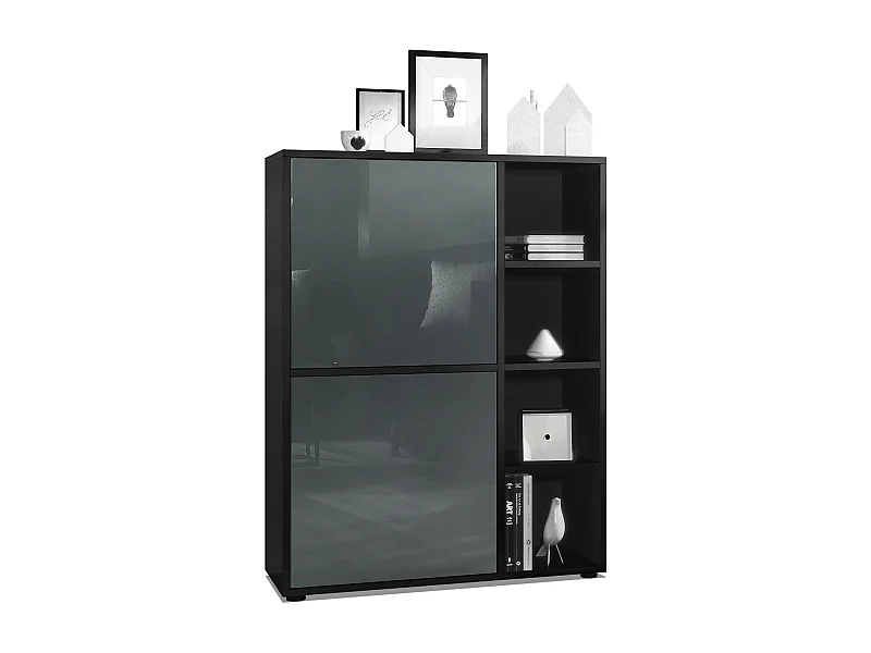 Buffet haut Cuba avec 8 compartiments, caisson en noir mat / Façades en Gris laqué haute brillance