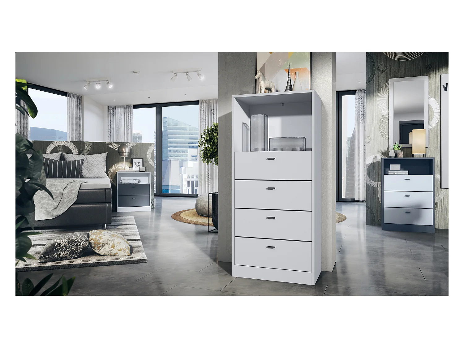 Commode Buffet Pino V3, avec 4 tiroirs & 1 compartiment ouvert, Anthracite mat/Blanc mat sans LED (56 x 125 x 36 cm)