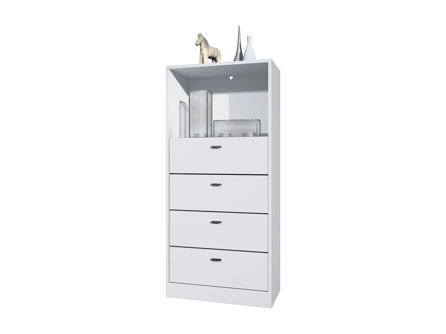 Cassettiera Pino V3, Credenza con 4 cassetti e 1 vano a giorno, Bianco opaco/Bianco opaco senza LED (56 x 125 x 36 cm)