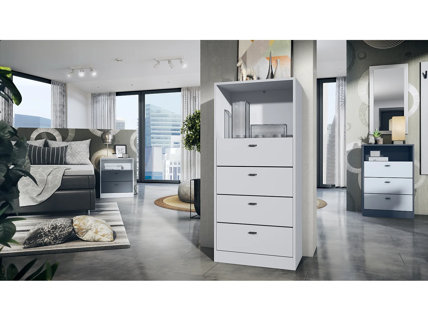 Cassettiera Pino V3, Credenza con 4 cassetti e 1 vano a giorno, Bianco opaco/Bianco opaco senza LED (56 x 125 x 36 cm)