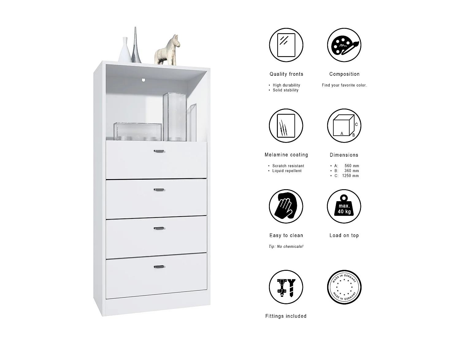 Cassettiera Pino V3, Credenza con 4 cassetti e 1 vano a giorno, Bianco opaco/Bianco opaco senza LED (56 x 125 x 36 cm)