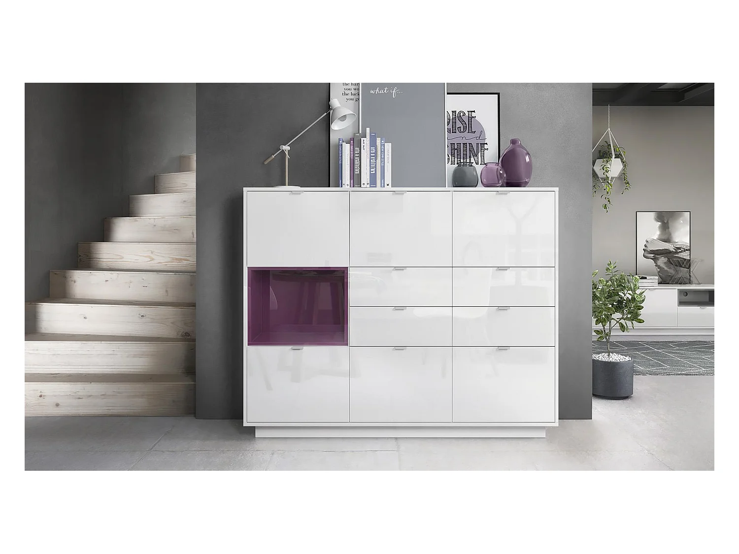 Buffet haut Armoire Metro V2, Corps en Blanc haute brillance / Façades en Blanc haute brillance avec une insertion en Mûre haute brillance