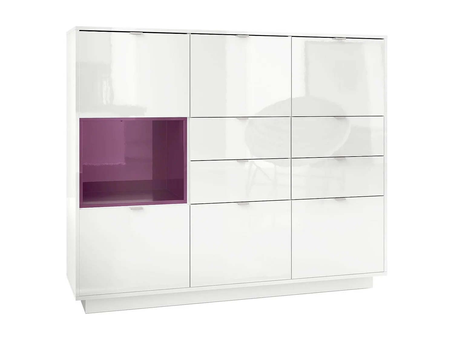 Credenza Metro V2, Struttura in bianco lucido / Frontale in bianco lucido con inserto in violetto-porpora lucido
