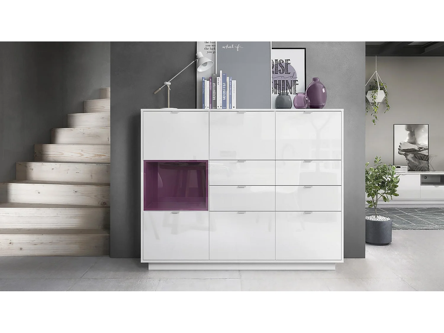 Credenza Metro V2, Struttura in bianco lucido / Frontale in bianco lucido con inserto in violetto-porpora lucido