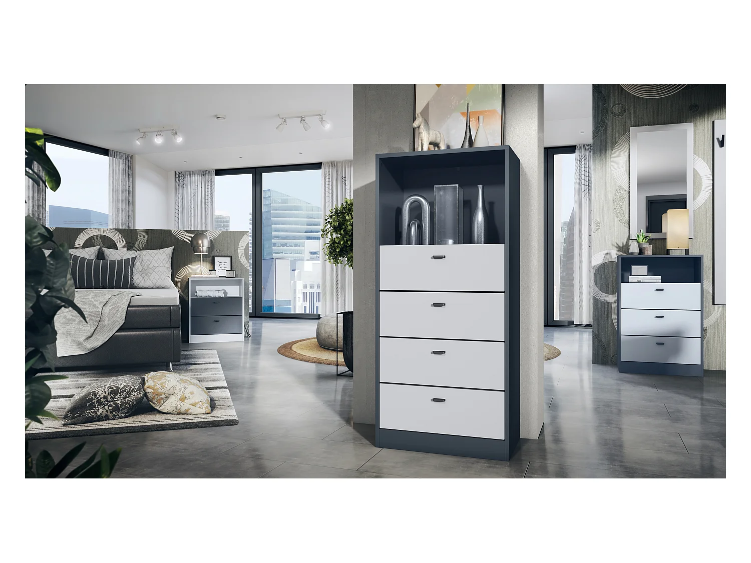 Cassettiera Pino V3, Credenza con 4 cassetti e 1 vano a giorno, antracite/bianco opaco senza LED (56 x 125 x 36 cm)