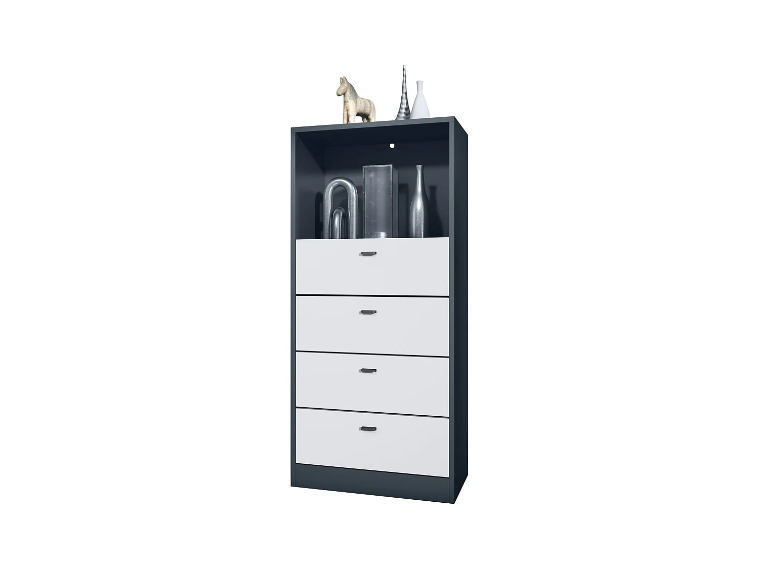 Commode Buffet Pino V3, avec 4 tiroirs & 1 compartiment ouvert, Anthracite mat/Blanc mat sans LED (56 x 125 x 36 cm)