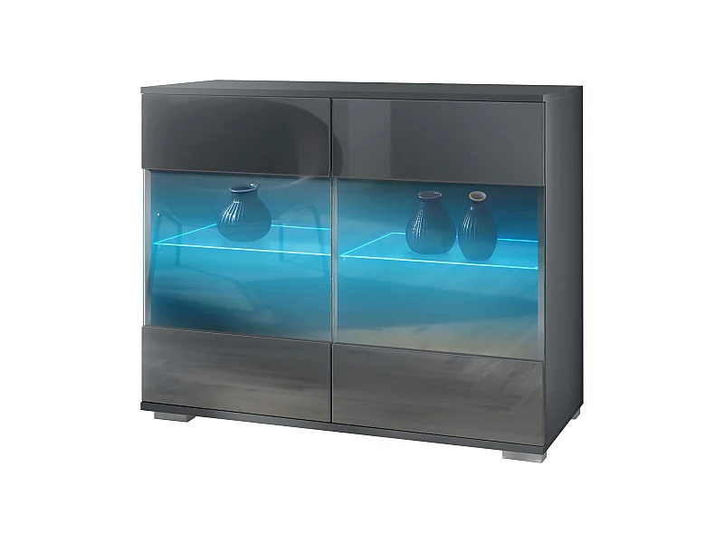 Commode Bari V3, Armoire de cuisine moderne avec 2 grandes portes vitrées incl. éclairage RGB anthracite mat / gris haute brillance (92,5 x 75.5 x 35)