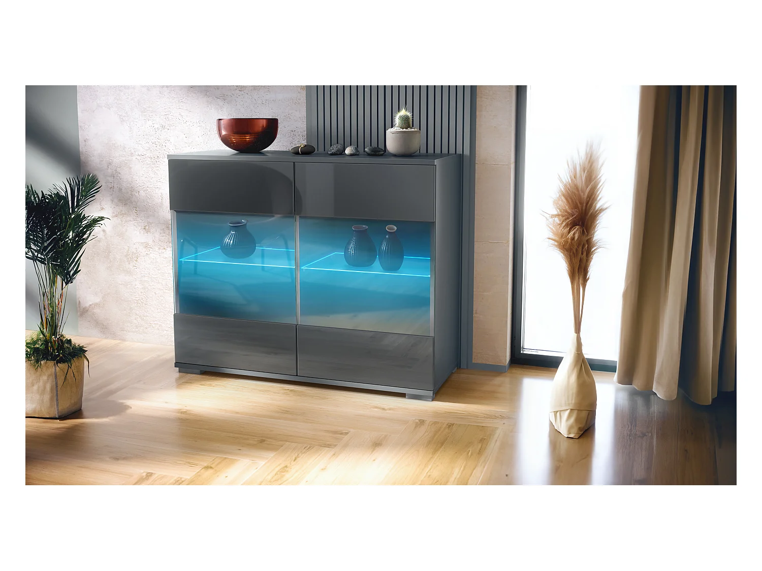 Commode Bari V3, Armoire de cuisine moderne avec 2 grandes portes vitrées incl. éclairage RGB anthracite mat / gris haute brillance (92,5 x 75.5 x 35)