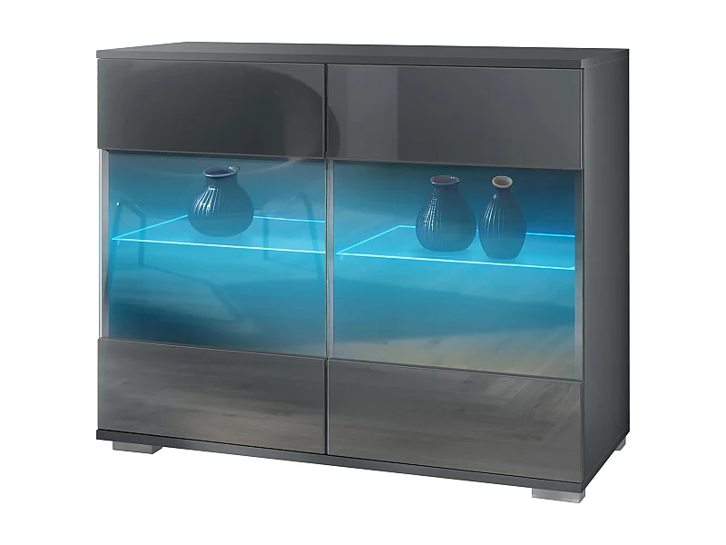 Commode Bari V3, Armoire de cuisine moderne avec 2 grandes portes vitrées incl. éclairage RGB anthracite mat / gris haute brillance (92,5 x 75.5 x 35)