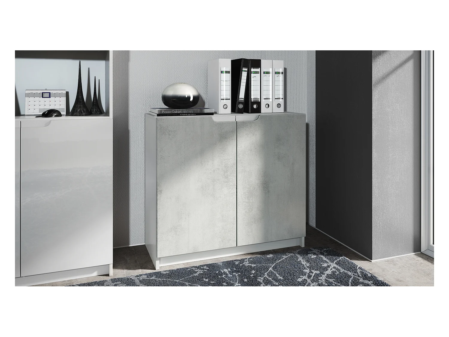 Buffet Logan, Commode avec 2 portes, blanc mat/aspect béton oxyde (82 x 78 x 37 cm)