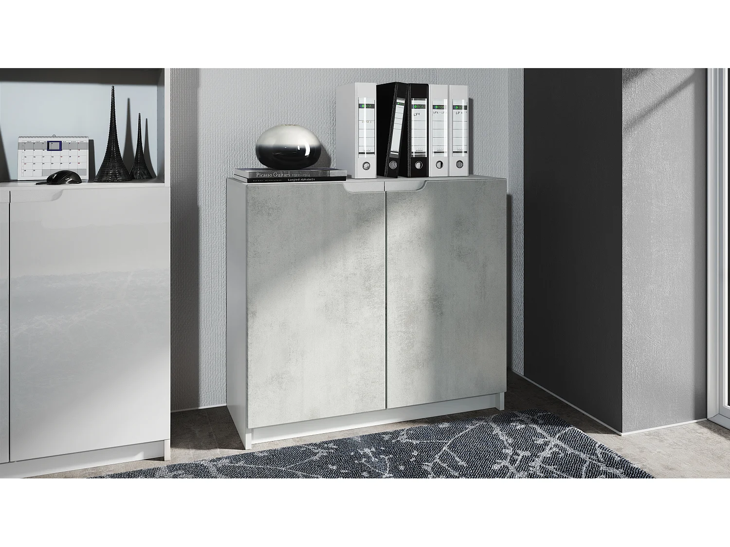 Cajonera Logan, Cómoda con 2 Puertas, blanco mate/hormigón oxidado (82 x 78 x 37 cm)