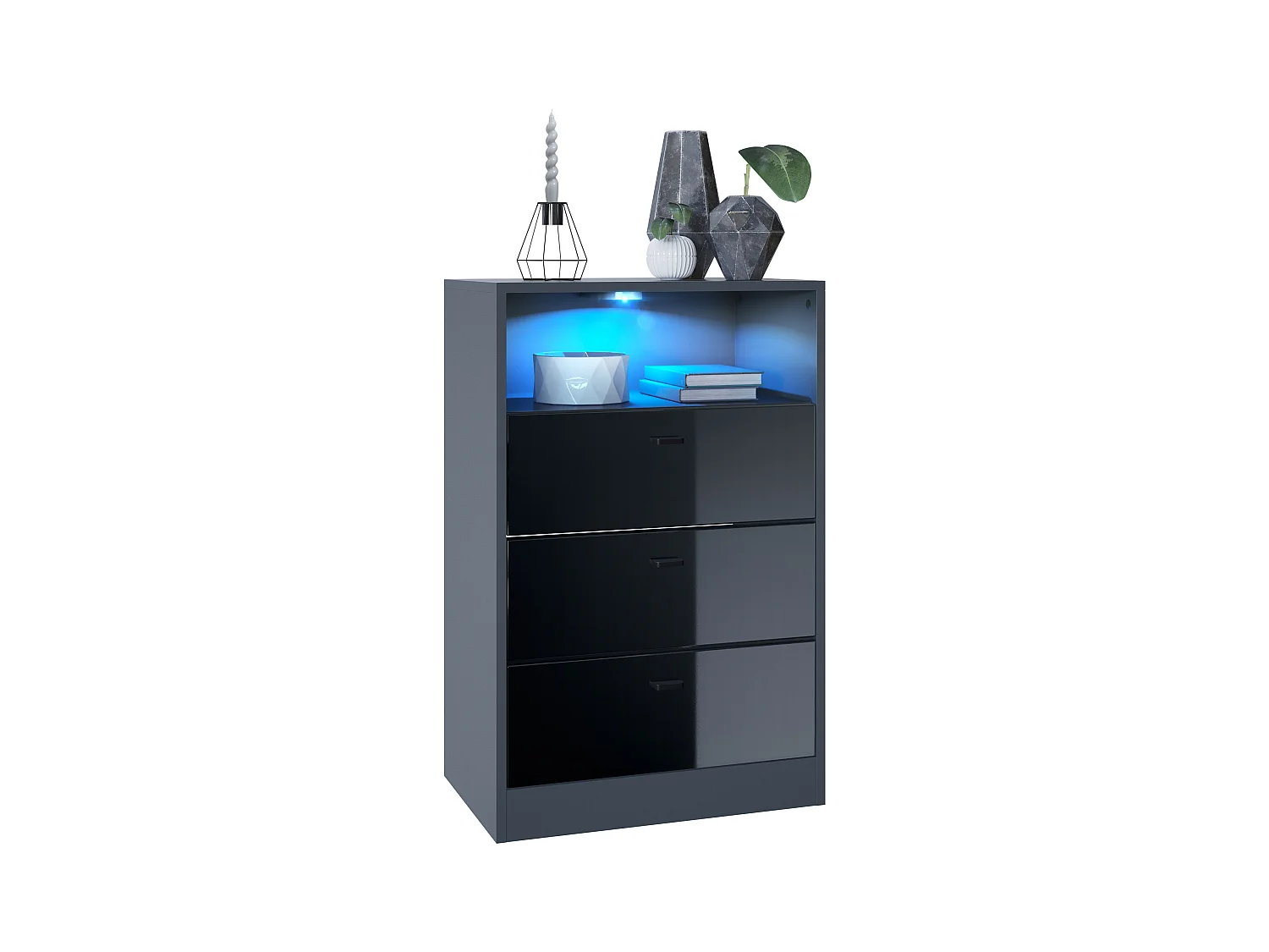 Commode Buffet Pino V2, avec 3 tiroirs & 1 compartiment ouvert, Anthracite mat /Noir haute brillance avec éclairage LED RVB (56 x 86,5 x 36 cm)