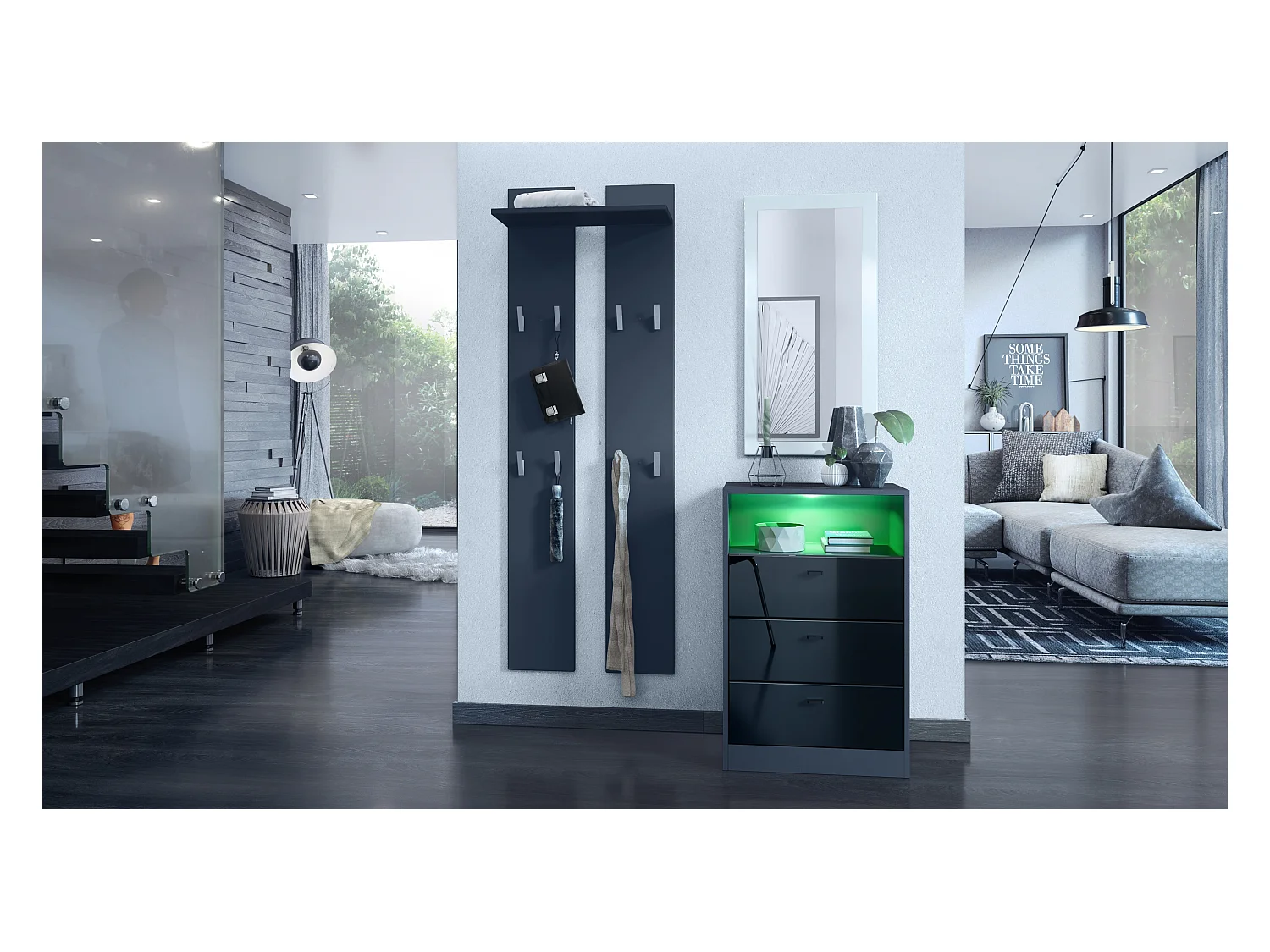 Commode Buffet Pino V2, avec 3 tiroirs & 1 compartiment ouvert, Anthracite mat /Noir haute brillance avec éclairage LED RVB (56 x 86,5 x 36 cm)