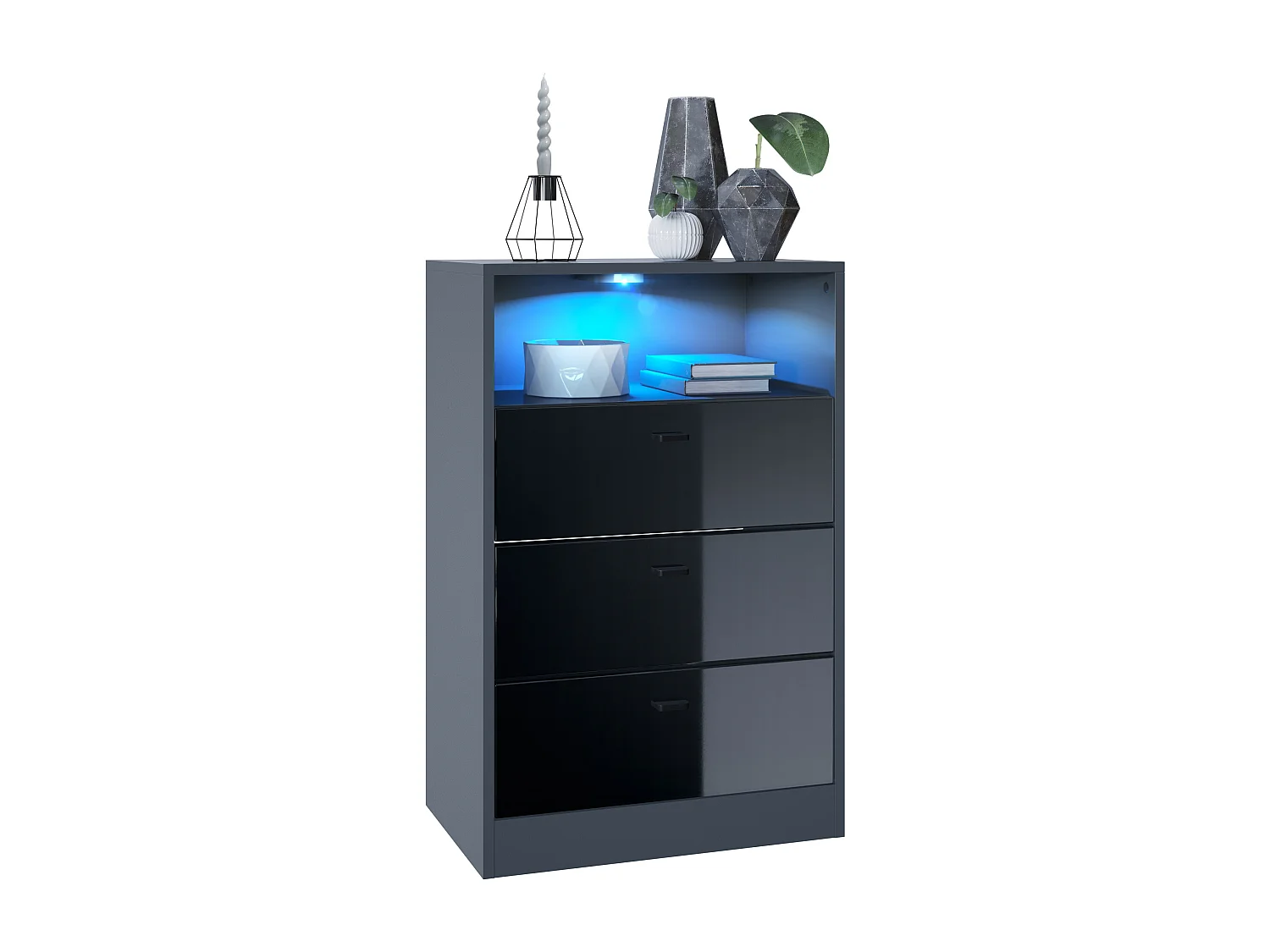 Cassettiera Pino V2, Credenza con 3 cassetti e 1 vano a giorno, antracite/nero lucido con LED RGB (56 x 86,5 x 36 cm)