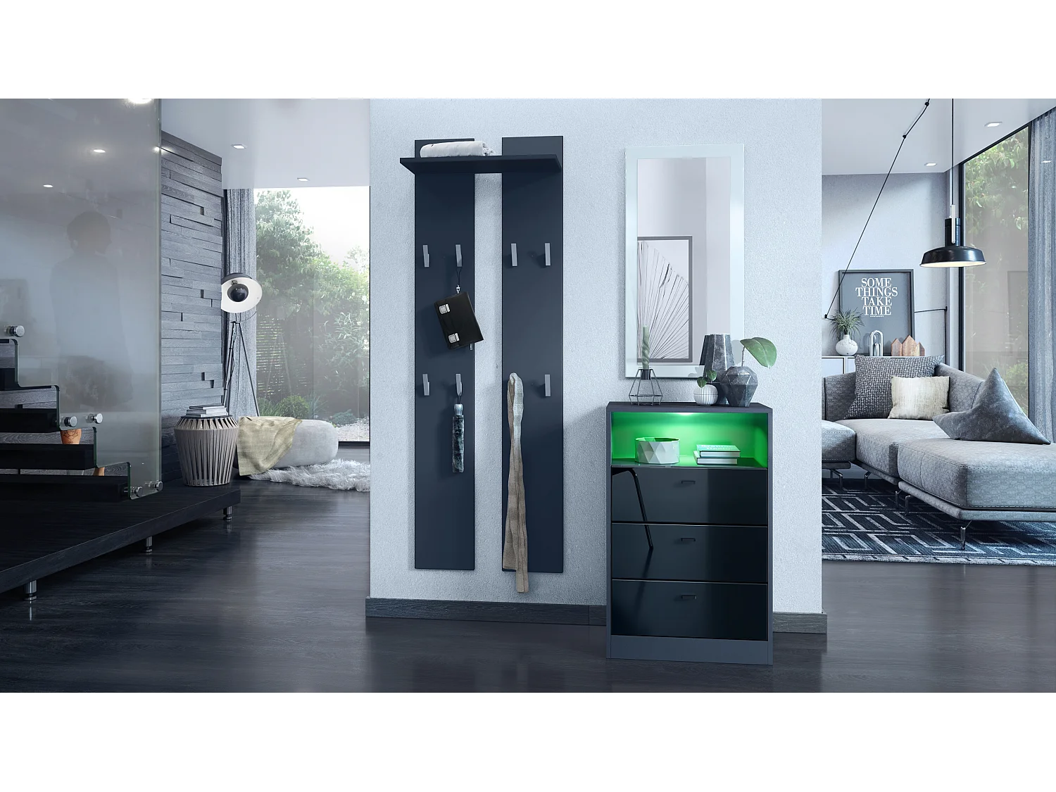 Cassettiera Pino V2, Credenza con 3 cassetti e 1 vano a giorno, antracite/nero lucido con LED RGB (56 x 86,5 x 36 cm)