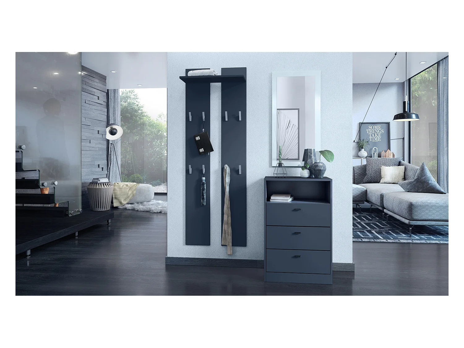 Commode Buffet Pino V2, avec 3 tiroirs & 1 compartiment ouvert, Anthracite mat /undefined sans LED (56 x 86,5 x 36 cm)