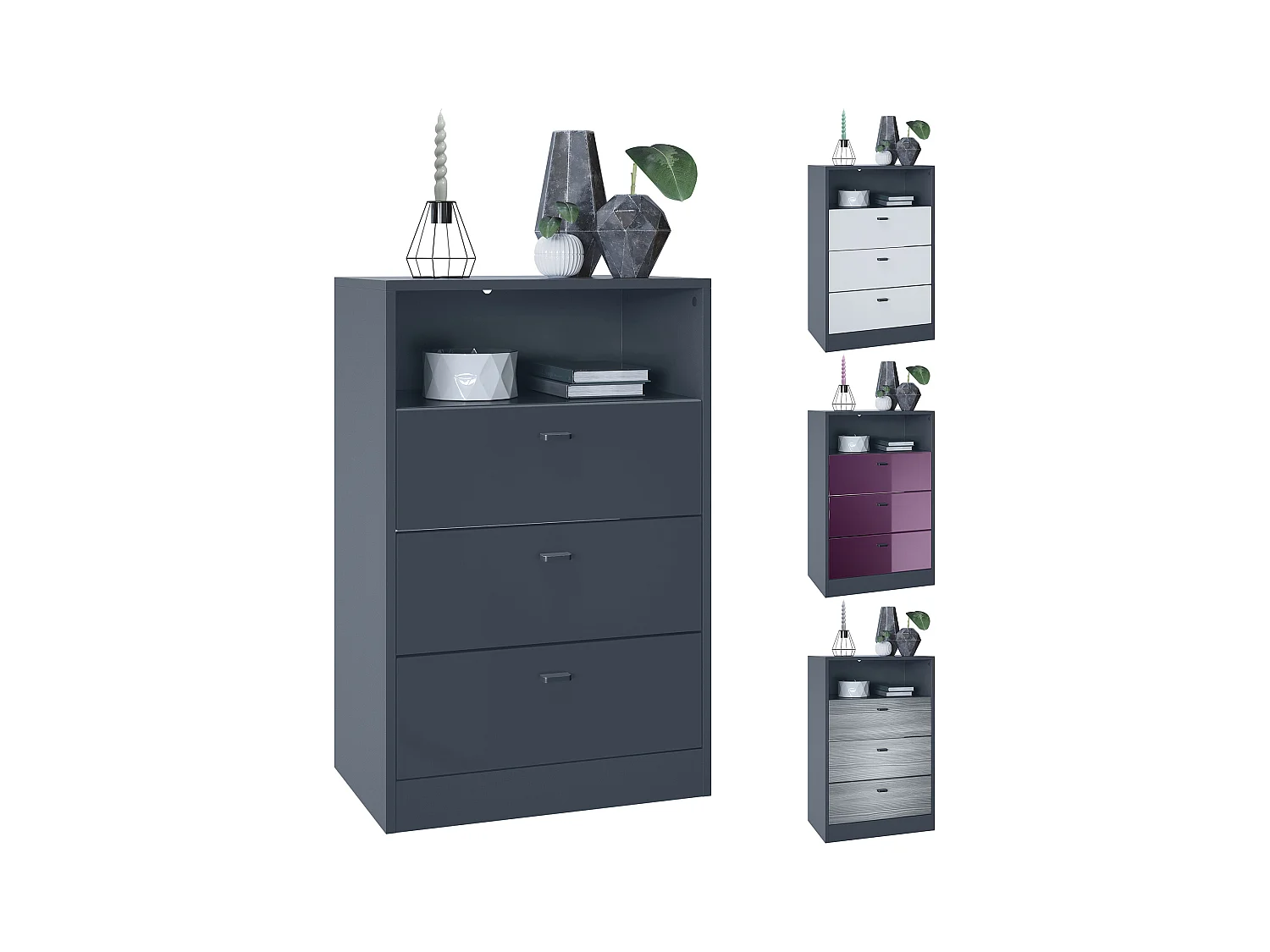 Commode Buffet Pino V2, avec 3 tiroirs & 1 compartiment ouvert, Anthracite mat /undefined sans LED (56 x 86,5 x 36 cm)