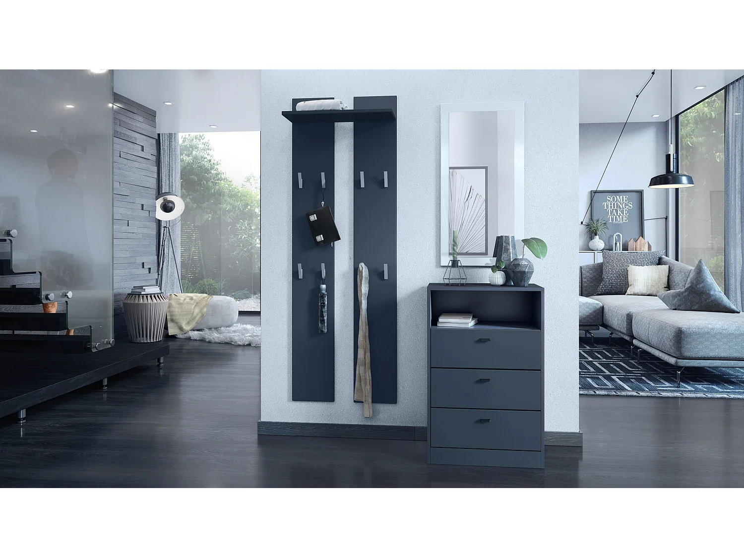 Cassettiera Pino V2, Credenza con 3 cassetti e 1 vano a giorno, antracite/indefinito senza LED (56 x 86,5 x 36 cm)