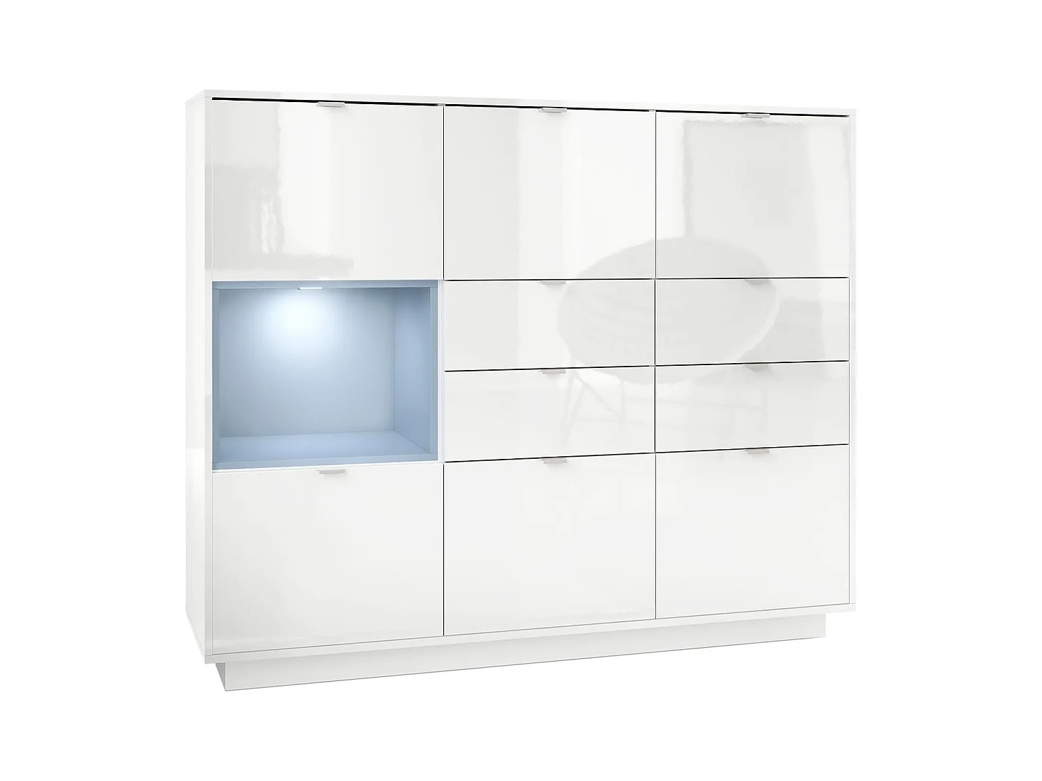 Buffet haut Armoire Metro V2, Corps en Blanc haute brillance / Façades en Blanc haute brillance avec une insertion en Denim mat, incl. L'éclairage LED
