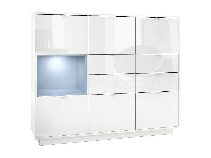 Buffet haut Armoire Metro V2, Corps en Blanc haute brillance / Façades en Blanc haute brillance avec une insertion en Denim mat, incl. L'éclairage LED