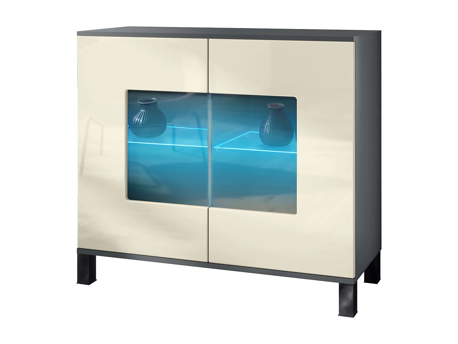 Commode Grömitz V3, Armoire de cuisine moderne avec 2 grandes portes vitrées incl. éclairage RGB anthracite mat / crème haute brillance (92,5 x 84.5 x 35)