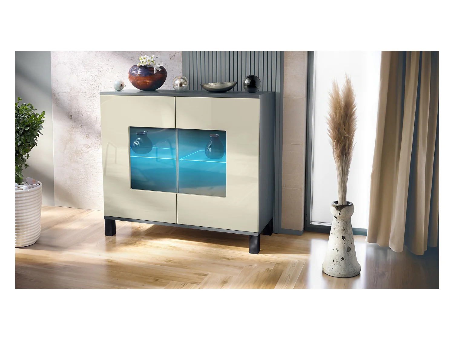 Commode Grömitz V3, Armoire de cuisine moderne avec 2 grandes portes vitrées incl. éclairage RGB anthracite mat / crème haute brillance (92,5 x 84.5 x 35)