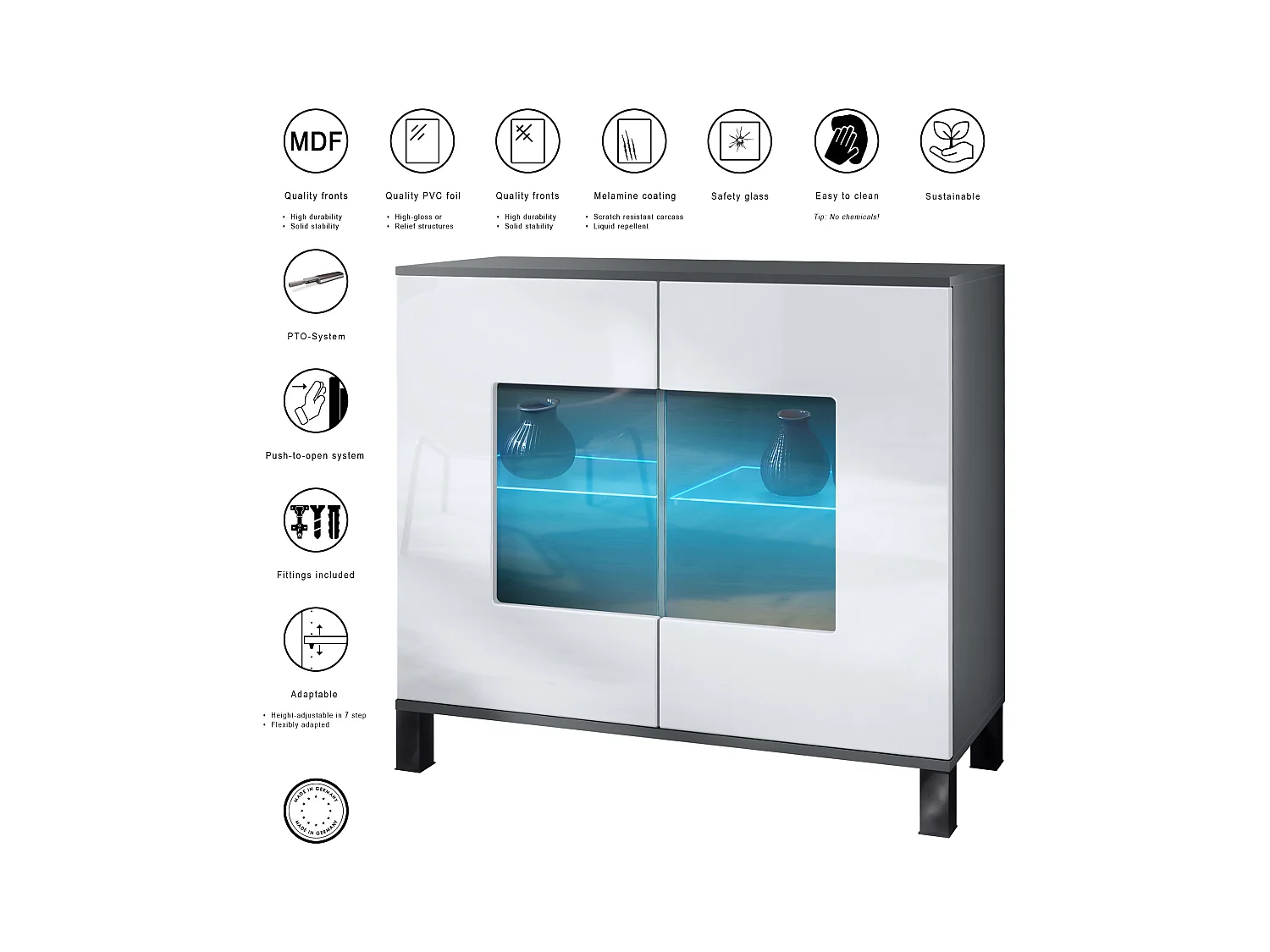 Commode Grömitz V3, Armoire de cuisine moderne avec 2 grandes portes vitrées incl. éclairage RGB anthracite mat / crème haute brillance (92,5 x 84.5 x 35)