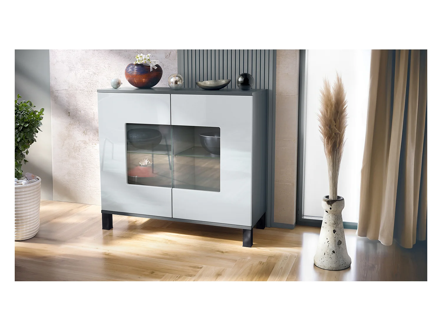 Commode Grömitz V3, Armoire de cuisine moderne avec 2 grandes portes vitrées anthracite mat / blanc haute brillance (92,5 x 84.5 x 35)