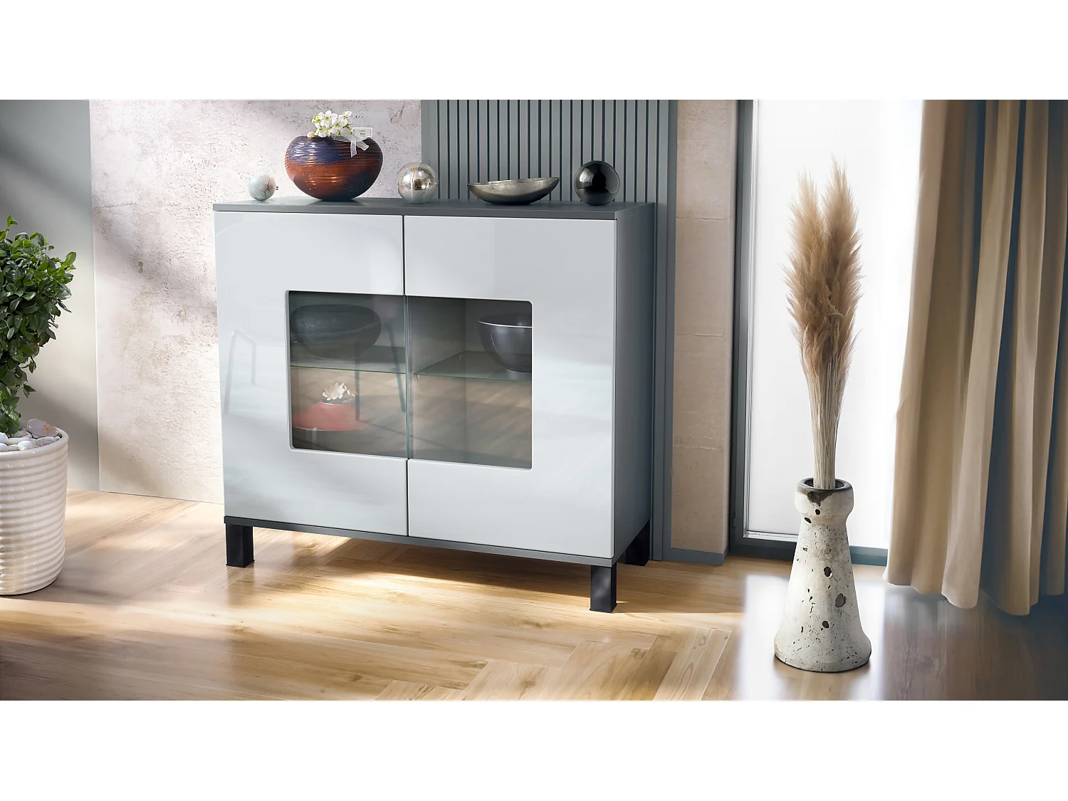 Commode Grömitz V3, Armoire de cuisine moderne avec 2 grandes portes vitrées anthracite mat / blanc haute brillance (92,5 x 84.5 x 35)