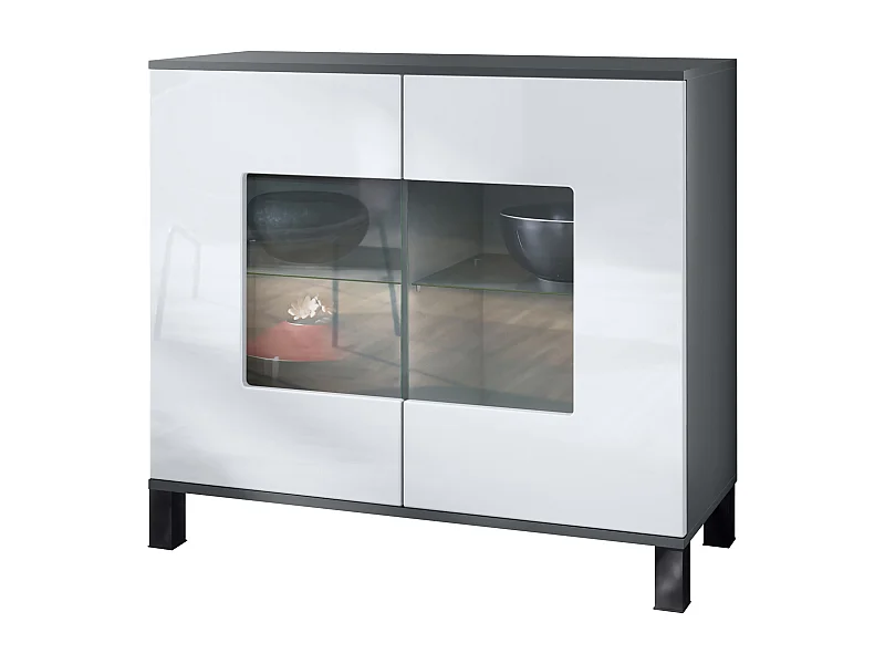 Cassettiera Grömitz V3, Mobile da cucina moderno con 2 grandi ante in vetro antracite opaco  / bianco lucido (92,5 x 84.5 x 35)