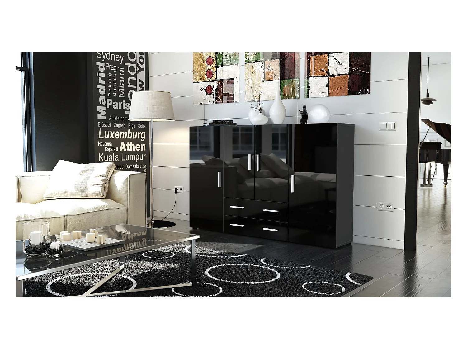 Le Buffet Haut Nora bahut avec 2 tiroirs et 4 portes avec un total de 8 compartiments derrière, anthracite mat/noir haute brillance (166,5 x 106,5 x 35 cm)