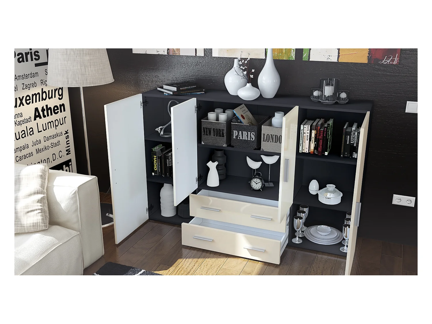 Le Buffet Haut Nora bahut avec 2 tiroirs et 4 portes avec un total de 8 compartiments derrière, anthracite mat/noir haute brillance (166,5 x 106,5 x 35 cm)