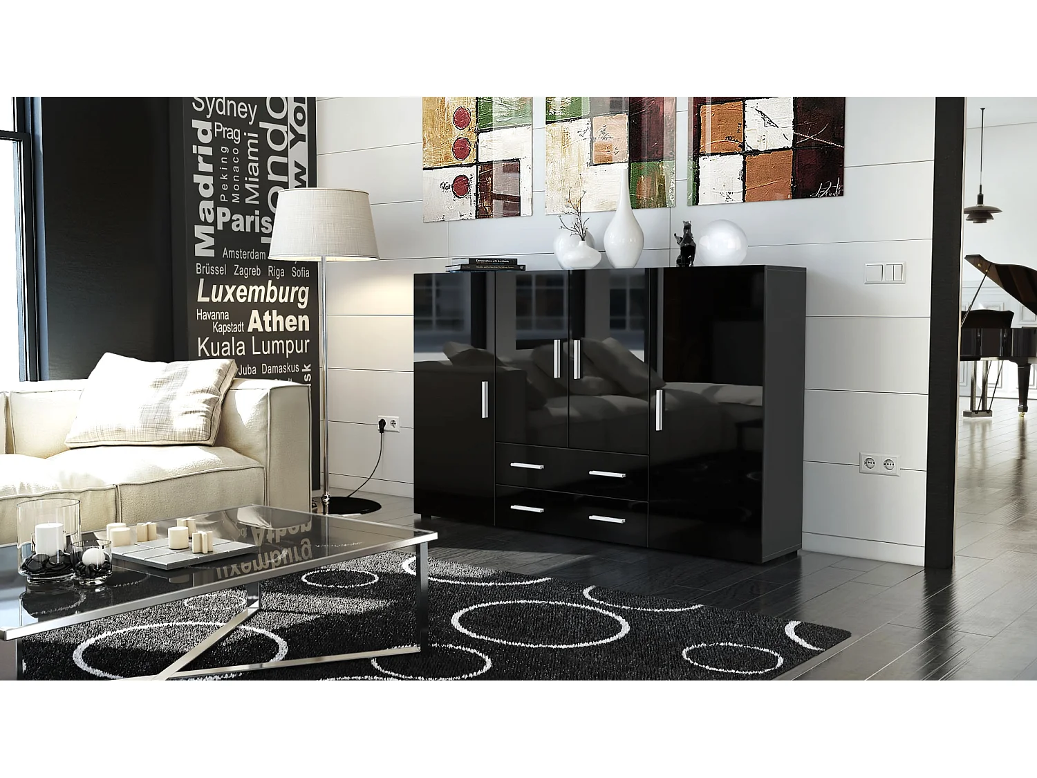 Highboard Nora Sideboard with 2 drawers and 4 doors with a total of 8 compartments behind, antracite opaco /nero lucido (166.5 x 106.5 x 35 cm)