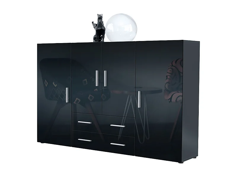 Le Buffet Haut Nora bahut avec 2 tiroirs et 4 portes avec un total de 8 compartiments derrière, anthracite mat/noir haute brillance (166,5 x 106,5 x 35 cm)