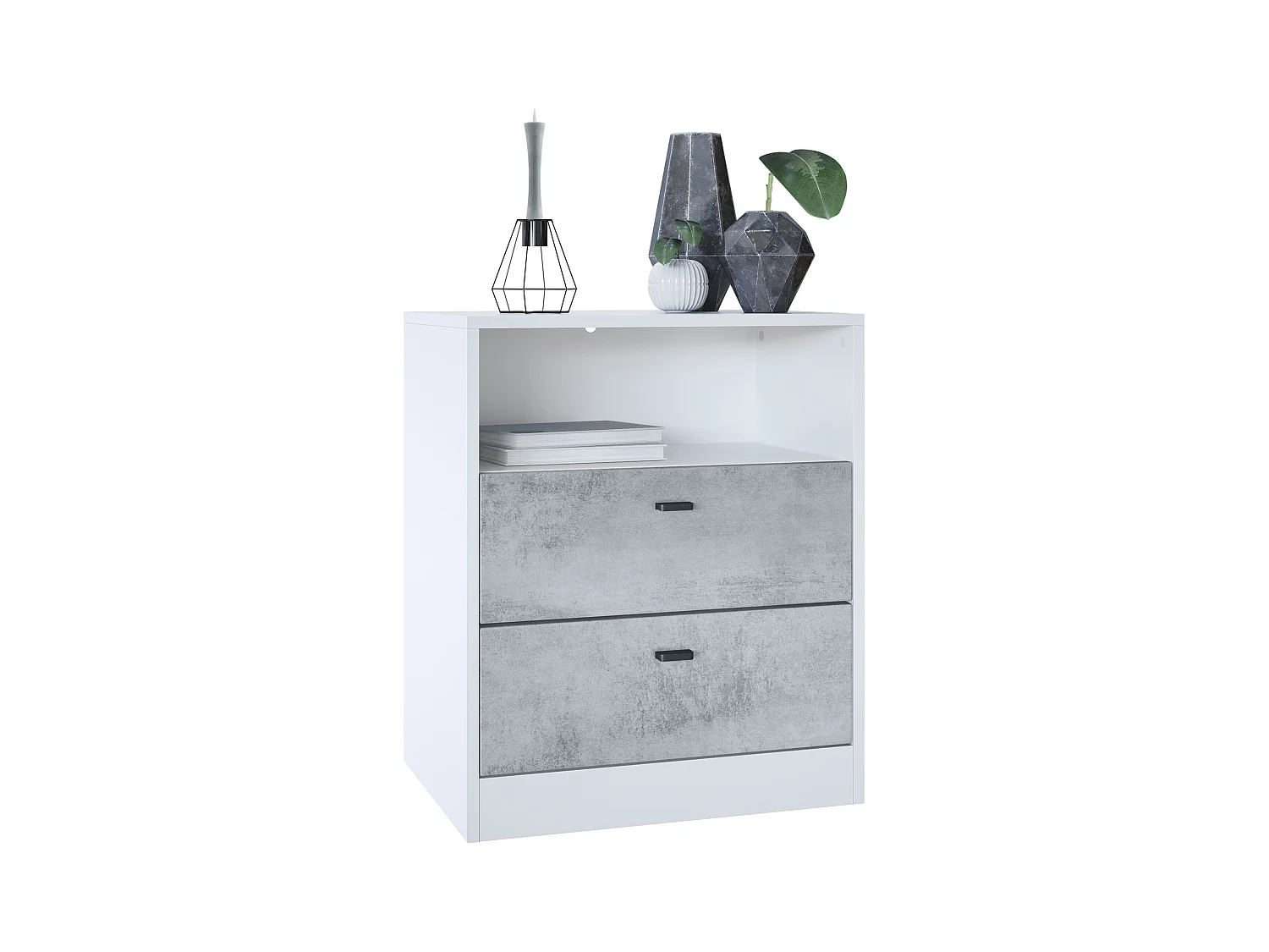 Buffet Pino V1, table de chevet avec 2 tiroirs & 1 compartiment ouvert,blanche mat/Aspect Béton Oxyde sans LED (56 x 67,5 x 36 cm)