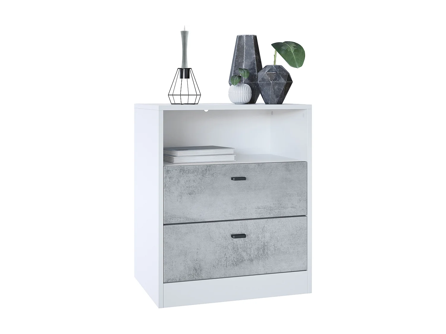 Cassettiera Pino V1, Comodino con 2 cassetti e 1 vano a giorno, Bianco opaco/Ossido di cemento senza LED (56 x 67,5 x 36 cm)