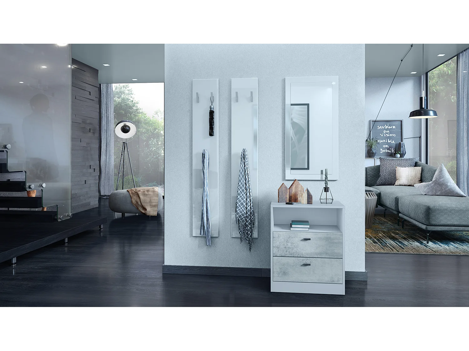 Cassettiera Pino V1, Comodino con 2 cassetti e 1 vano a giorno, Bianco opaco/Ossido di cemento senza LED (56 x 67,5 x 36 cm)